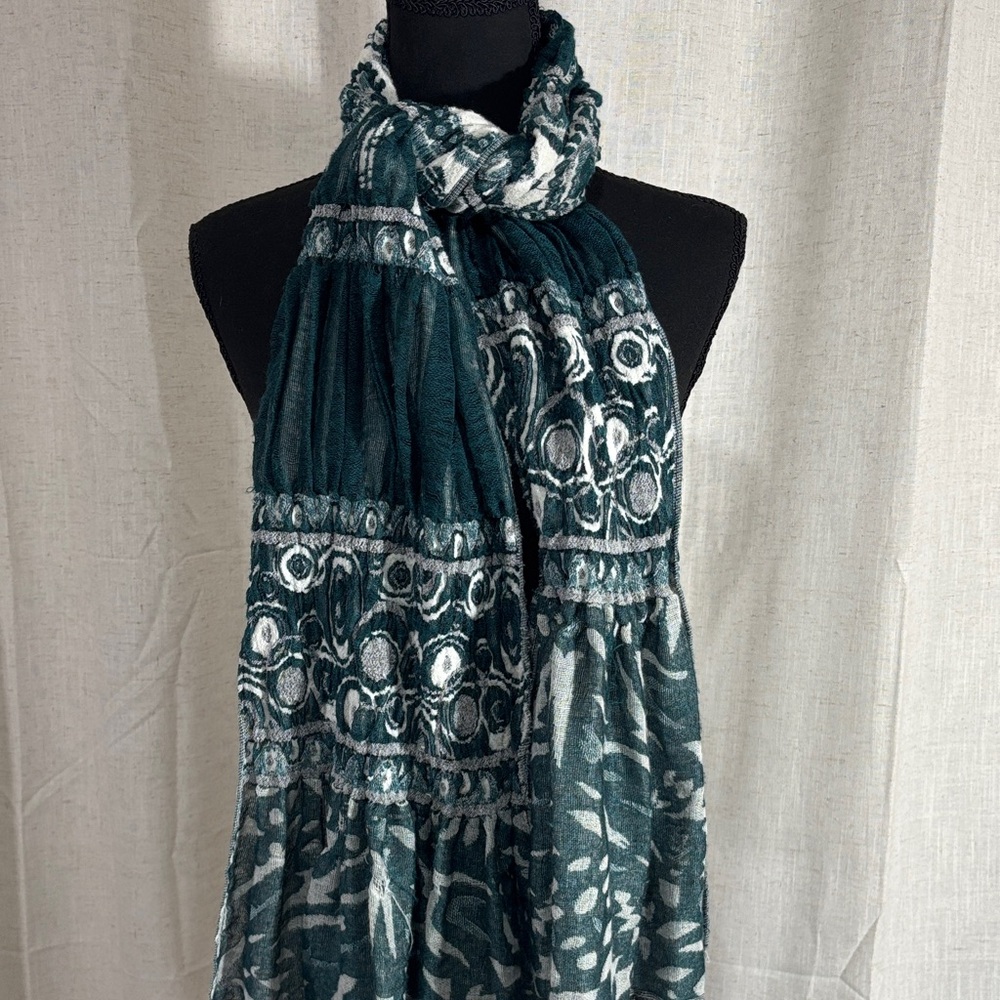 Elegant Teal and White Abstract Woven Scarf